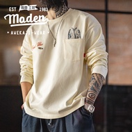 MADEN เสื้อยืดแขนยาวผู้ชายพิมพ์ลายอเมริกันมีกระเป๋าผ้าฝ้าย100% Comfort เสื้อยืดคอกลมเสื้อซับในฤดูใบไ