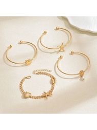 4pcs/Set Fashionable Summer Shell & Starfish Ocean Style Bracelet Set, Suitable For Women Beach Vaca