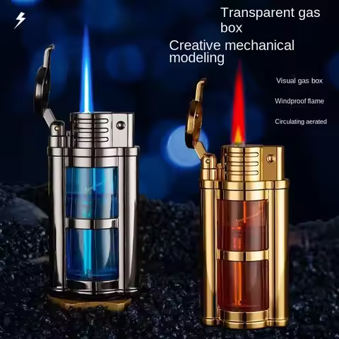 HOT transparent visible fuel bin torch windproof butane lighter refillable flame cigarette accessori
