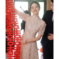 EAGLELY Women 2024 Luxury High End Flower Pink Evening Dresses Temperament Chinese Bride Formal Gown