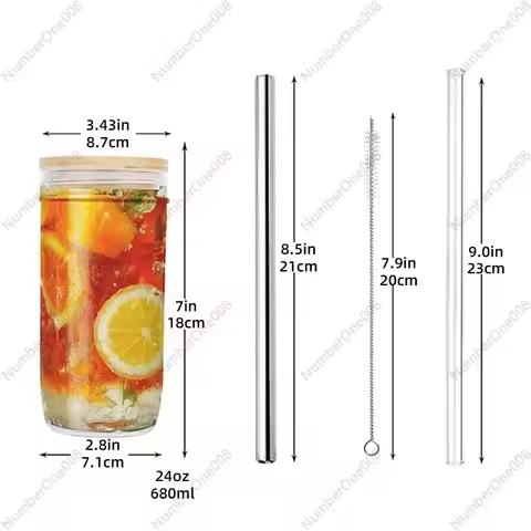 Glass Mason Cup 24oz Bamboo and Wood Lid with Straw Cup Amazon Set Juice Cock Cup, Transparent Coffe