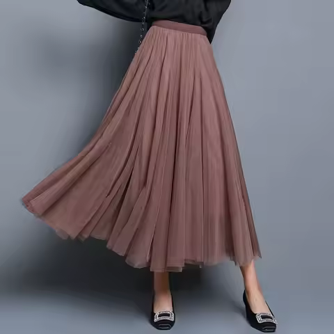 Hot Women Mesh Elastic Tutu Skirt Beach Spring Summer Korean High Waist Fashion Pleated Long Skirt B