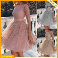 Glitter Starry Tulle Prom Dress - Long Sleeve, Crew Neck, Formal Evening Wear for Women
