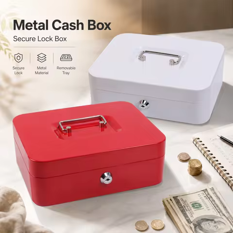Portable Metal Cash Box With Lock And Removable Tray Large Capacity Money Organizer For Cash Coins K