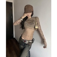 y2k y2k Women's Clothing Translucent Tops Hot Girls American Retro Net Gauze Letter Printing Long-Sl