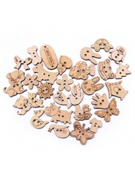 批發100入組12mm-25mm混合天然卡通木製鈕扣,適用於兒童縫扣、服裝配飾、木製工藝品裝飾diy