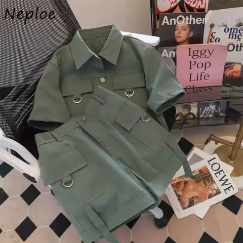 Neploe Summer New Trendy Streetwear Set Short Hong Kong Style Moda Casual Safari Style Tops A-line H
