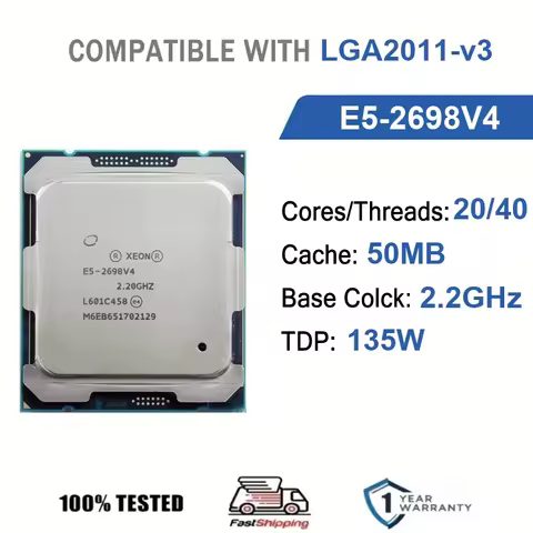 Intel Xeon E5-2698V4 20 Core 40 Thread 2.2GHz 135W 50MB Cache 14nm LGA 2011-v3 SR2JW DDR4-2400 Mhz B