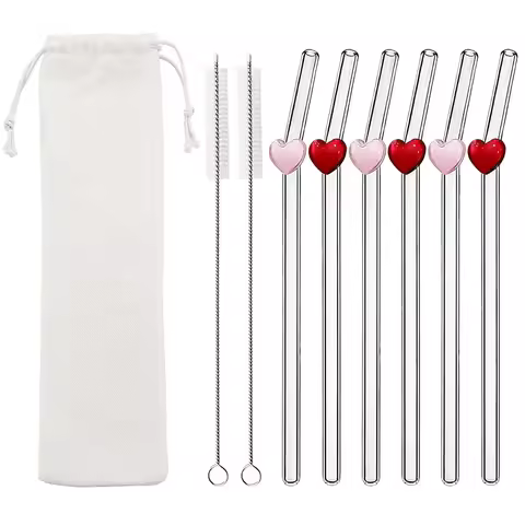 9Pcs/Set Valentine's Day High Borosilicate Glass Straws Reusable Drinking Straw Set for Smoothies Te