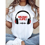 Women's Music Is Life T-Shirt - Soundwave & Headphone Graphic with "MUSIC LIFE" Slogan, Red-Black Ca