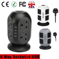 8 Way Switched Surge Protected Tower Extension Lead UK Mains Plug Socket 4 USB