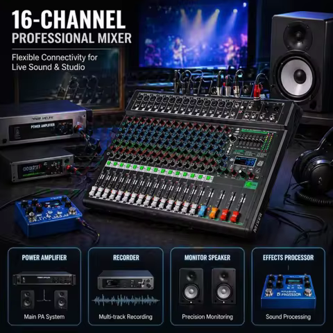NXG XF16 16 Channel Professional Audio Mixer, DJ Sound Board Mixing Console with USB Audio Interface