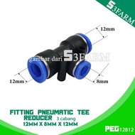 FITTING TEE T REDUCER PNEUMATIC PU HOSE 12MM TO 8MM BOTTOM 12 X 8 X 12