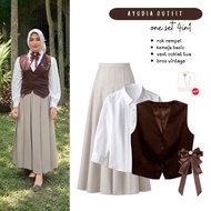 KEMEJA Yearbook Outfit | Shirt, Brown Vest, Pleated Skirt, Vintage Brooch | One Set Enola Holmes - F