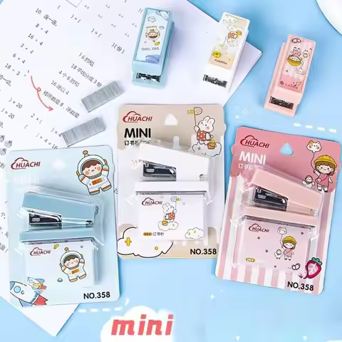 Kawaii PC Stapler Mini Stationery Binding Tools School Binding Supplies Transparent Mini Stapler Set