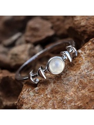 1 pieza Anillo único plata esterlina redondo piedra de luna luna creciente para mujeres , perfecto regalo para novia , compromiso , boda , fecha , aniversario