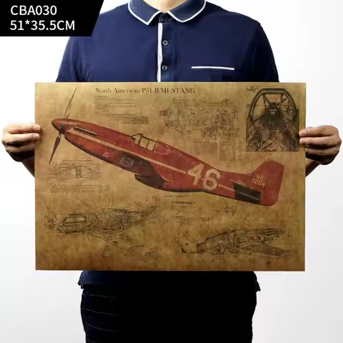P51 B MUSTANG Poster Wall Chart Fighter Jet Structure Vintage Kraft Paper Print Artwork Wall Art Pai