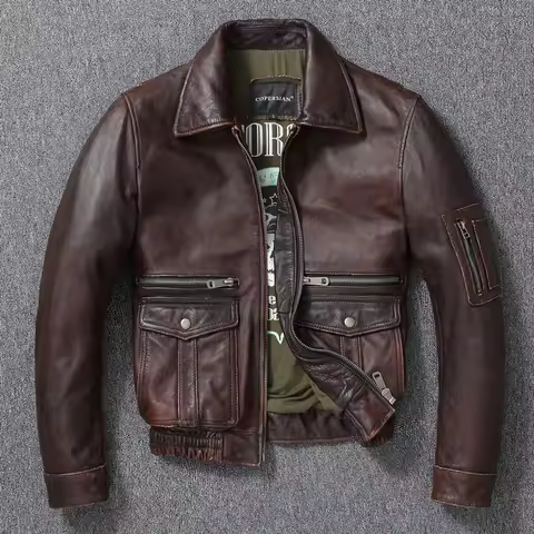 New Men's Genuine Leather Jacket Vintage Stone Milled Top Layer Cowhide Bomber Jacket A2 Brown Men's