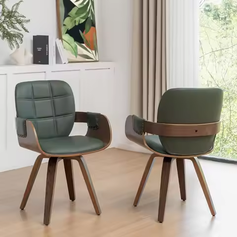 MCM Dining Chair Set of Two, Swivel Faux Leather Dining Chairs with Arms and Curved Back, Bentwood S