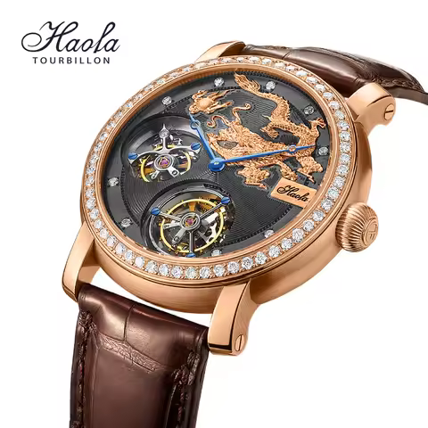 HAOFA Luxury 18K Gold Double Tourbillon Movement Skeleton Mens Watch Manual Mechanical Diamond Rose 