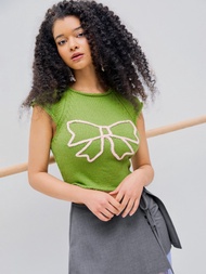 Cider Knitted Bowknot Graphic Short Sleeve Crop Top