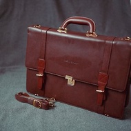 全新咖啡紅真皮手提肩背兩用 公事包vintage古董包 筆電包