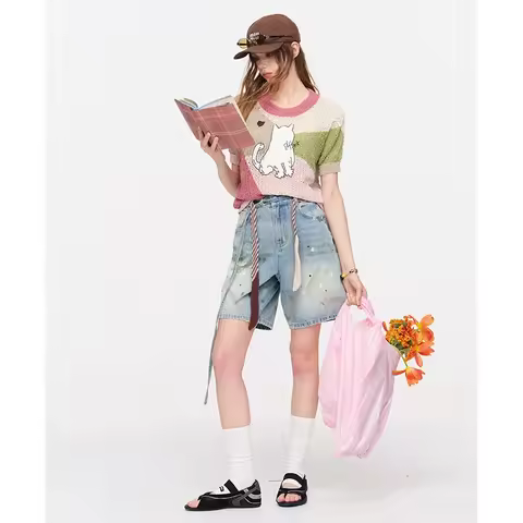 ELFSACK Paint Splatter Belted Wide-Leg Jean Shorts, Y2K Streetwear Casual Pants