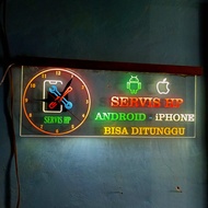 Lampu akrilik tulisan SERVIS HP ANDROID IPHONE BISA DITUNGGU cocok untuk konter hiasan bonus jam din