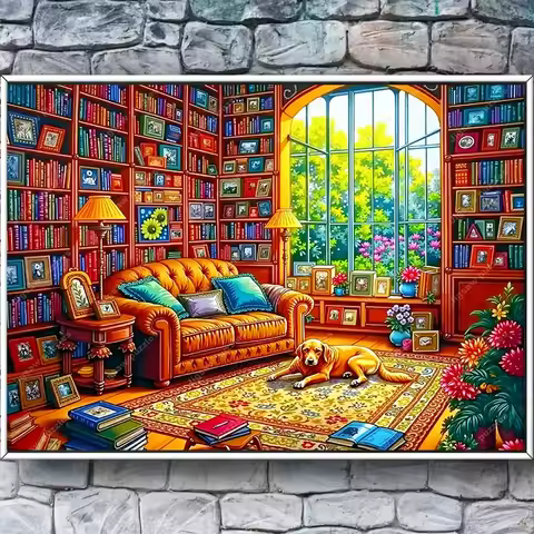 2000/1314/1000/520pcs Jigsaw Puzzle - Library Scene with Bookshelves, Sofa & Garden View - Challengi