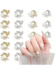 5 piezas de oro + 5 piezas de plata Mariposa y flor Perla y forma de gota de agua Dije para uñas DIY Decoración navideña Manicura de aleación Mariposa y perla Nail Art Stpiezas Decoración de uñas plateada y dorada