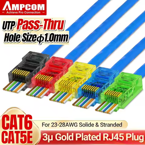 AMPCOM RJ45 Plug Cat6 Pass Through Connectors EZ to Crimp Modular Network Connector for Computer Har