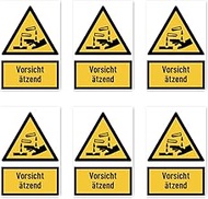 Stickers: 75 x 50 mm, 6 pieces, caution corrosive, warning sign with text (yellow/black), vertical, 