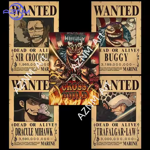 Borderless One Piece Wanted Poster Straw Hat Group Luffy Retro Kraft Paper One Piece Bounty Decorati