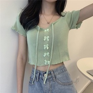 Camisole Lace up and drawstring design T-shirt short sleeved knitted shirt for women's summer new Korean version slimming top trend