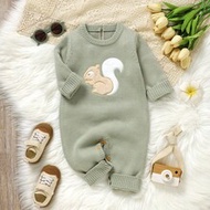 Light Green Infant & Toddler Cute Squirrel Embroidery Romper, Round Neck Long Sleeve Casual Style Sq