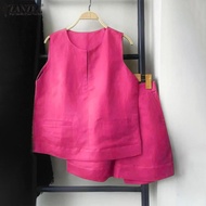 Esolo ZANZEA เซต2ชิ้นสำหรับผู้หญิงเสื้อกล้ามกางเกงขาสั้นเสื้อและกางเกงเสื้ิอแขนกุดชุดที่มีขนาดพิเศษห