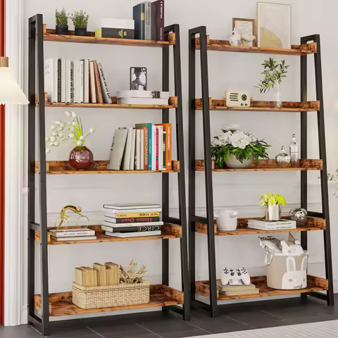 IRONCK Industrial Bookshelf 5-Tier 31.5in Wide, Bookcase Ladder Shelf, Storage Shelves Rack Shelf Un