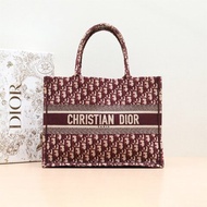 DIOR BookTote中號36酒紅色帆布Oblique印花字母刺繡酒紅色帆布肩背包