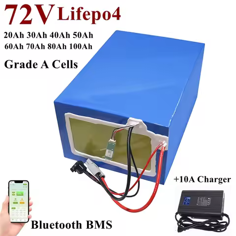 Batterie au lithium LiFePO4 avec chargeur, Bluetooth, BMS, 72V, 50Ah, 60Ah, 30Ah, 72V, 40Ah, 100Ah, 