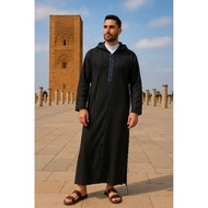 Djellaba.id Umrah Gamis Muslim Clothes Prayer Robe Hoodie Jalabah Kapucong Moroccan Men's Black Stri
