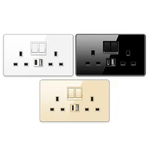 UK 13A Wall Socket with Type-C 18W Fast Charging Plug Socket,Glass Panel Power Double Universal Outl