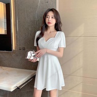 Pure Color French Style Square Collar Short Dress Slimming Waist A-Line Skirt Summer New Style Women