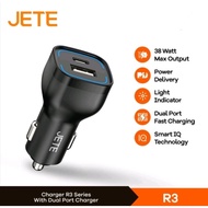 CAR CHARGER / CHARGING MOBIL JETE R3series 38W 2 PORT FAST CHARGING TYPE C & USB.