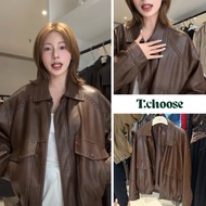 Dark brown short long-sleeved leatherJacket 21327 TCHOOSE