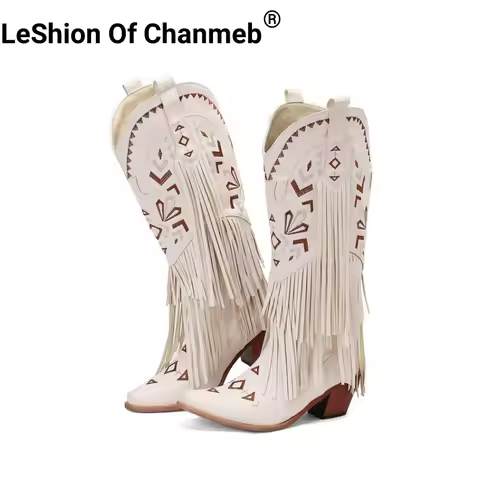 LeShion of Chanmeb Big Size 48 Women Vintage Fringes Cowgirl Boots Chunky Heels Embroider Tassels We