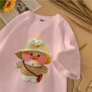 T-Shirt Unisex Lengan Pendek Korea Gambar Boneka Bebek Bahan Katun Warna-warni Kecil Imut