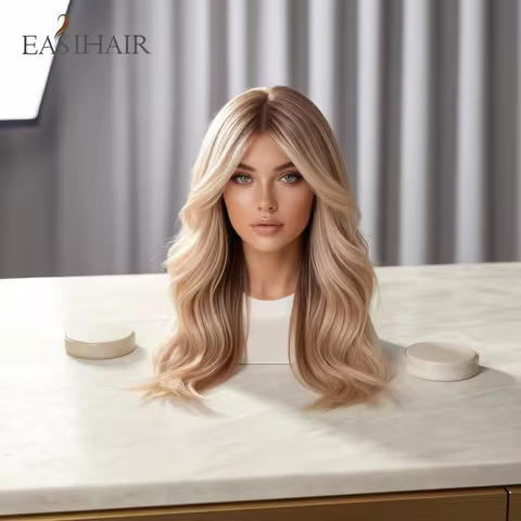 Rose Blonde Ombre Brown Long Natural Wave Synthetic Wigs with Bangs for Women Heat Resistant Daily C