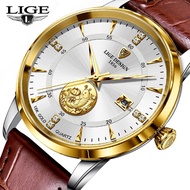 LIGE ใหม่นาฬิกาผู้ชาย นาฬิกากันน้ำขนาด 7 มม. แบบบางพิเศษพร้อมนาฬิกาควอตซ์หนังปฏิทินนาลิกาข้อมือ + กล่อง