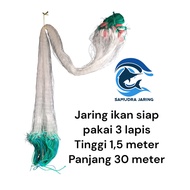 Jaring ikan siap pakai 3 lapis tinggi 1,5m panjang 30m jaring dalam 2in senar 0,25mm jaring luar 5in