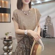 Korean Version Summer Large Size Sequins Hollow Mesh Slightly Transparent Knitted Short-Sleeved T-Sh